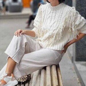 H&M Cable Knit Sweater With Fringe Boho Cottagecore Cabin Western